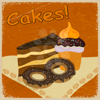 
Vintage background image of a piece of cake and cookies on a napkin.
