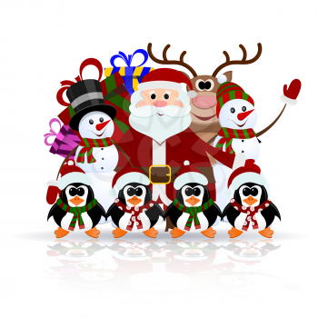 Santa Claus, penguins, reindeer and snowman on the ice - greeting card for Christmas