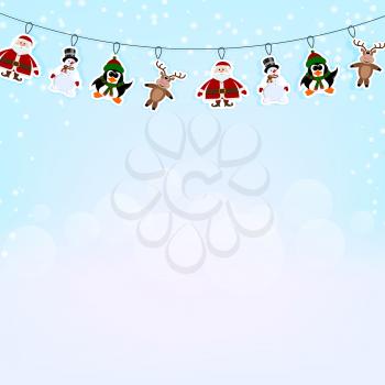 Christmas blue background with a garland of paper reindeer, penguin and Santa Claus. Vector illustration. 