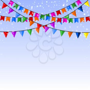 Winter blue background with a garland of paper flags. Vector illustration. 