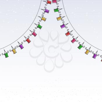 Garland of colored paper lanterns on a winter background with snowflakes. Vector illustration. 