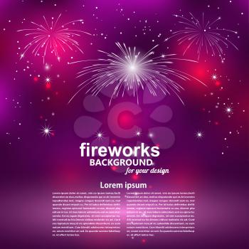 Celebratory fireworks on a purple background. Card. Vector illustration.