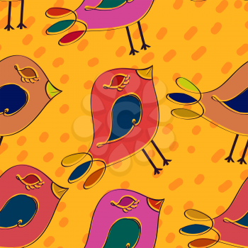 Bright orange seamless background with birds in the primitive style. Vector illustration. 