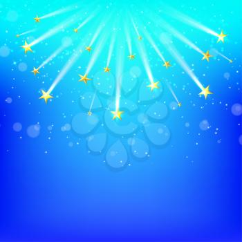 Blue  background with falling gold stars, Starfall. Vector illustration