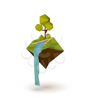 Abstract island with trees and a waterfall in the low poly style. Vector illustration