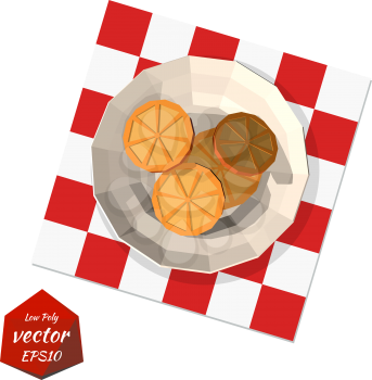 Set orange slices in a plate on the table isolated on a white background. Low poly style. Vector illustration.