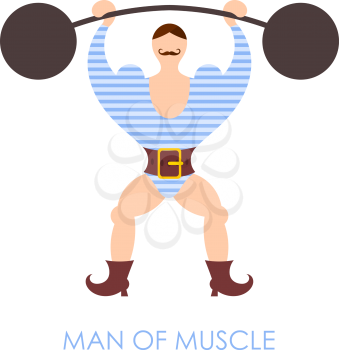 The flat image of a circus strongman with barbell on a white background. Vector illustration