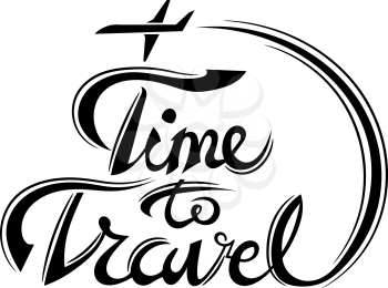 Lettering - time to travel. Illustration of vacation of the summer season  time to travel. Airplane with trace lettering and time to travel. Travel by plane. Vector illustration. Stock vector.
