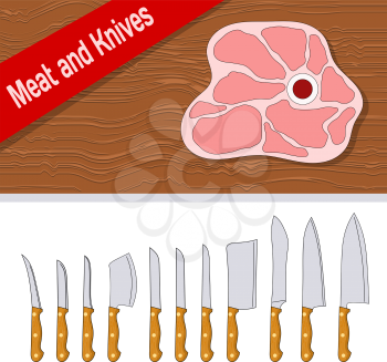 Line style. Set of knives with wooden handle for cutting meat on a white background. Steak 
of raw meat on a wooden surface. Stock vector illustration