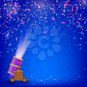 Festival blue background. Festive background with shooting guns and brightly colored 
confetti. Stock vector illustration