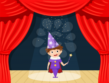 Young magician on stage. Children's performance. Small actor on stage playing the role of a wizard. A scene from the play. A child in a suit with a magician's wand. Stock illustration