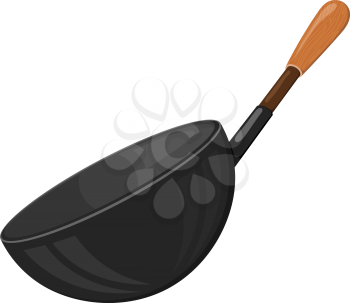 Cartoon vector image of a black frying pan with a wooden handle on a white background. Kitchen utensils. Accessory for the kitchen. Stock vector illustration