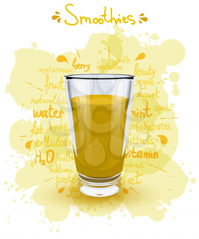 Vector illustration high glass cup with a yellow smoothies. Healthy nutrition - smoothies. 
Color image of yellow smoothies on a white background with the text, shadow and color 
blots