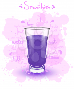 Vector illustration high glass cup with a purple smoothies. Healthy nutrition - smoothies. 
Color image of purple smoothies on a white background with the text, shadow and color 
blots