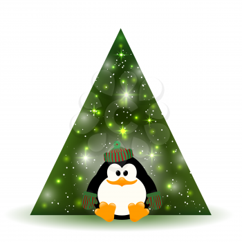 Vector illustration of cute young penguin near the Christmas tree on a white background. 
Cartoon style. Penguin and tree - a symbol of the New Year