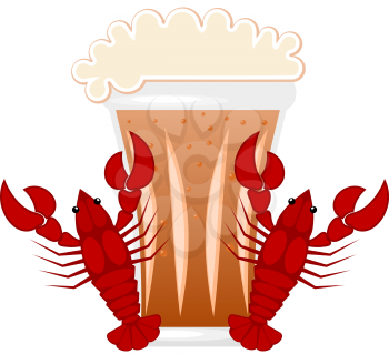 Vector illustration of beer mugs with a red crayfish on a white background. Beer, crayfish, 
food. Cartoon style