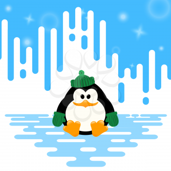 Vector illustration of a cute little penguin in a green knitted woolen hat and green mittens on winter abstract striped background.
