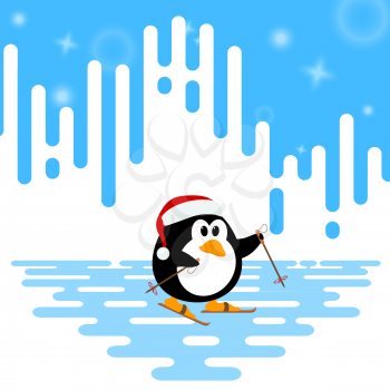 Vector illustration of a cute little penguin ski winter on an abstract striped background. Winter sport