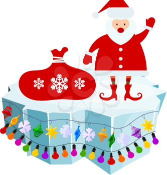 Holiday floe. Vector illustration of an ice floe with festive garlands and Santa Claus with a 
bag. Decorative lanterns, lights, snowflakes. Element of design and decoration
