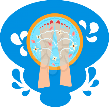Cartoon vector illustration of female legs in hot bath with flower petals on a blue water background. Relaxation procedures.