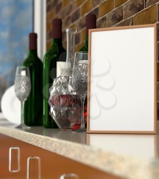 Abstract kitchen interior with wine decanter, glasses and empty frame. 3D Mock up of 
traditional cuisine