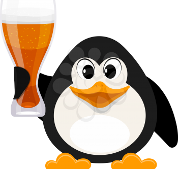 Cartoon style penguin with a glass of beer on a white background. Vector illustration