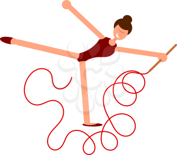 Abstract figure of a girl with a red ribbon. Athlete of rhythmic gymnastics on a performance with a red sports tape. Flat style. Vector illustration