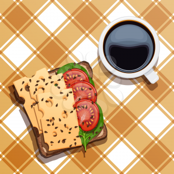 Food for breakfast.  Sandwiches with a cup of coffee on a checkered tablecloth. Vector illustration of toast with cheese, spinach, white cup with black coffee