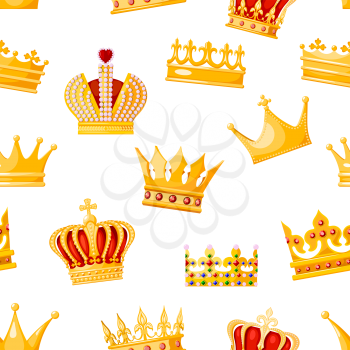 Seamless crown monarchs on a white background. Isolated regalia of the king, queen, princess, prince. Subjects of coronation and power. Vector illustration