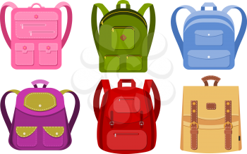 Color image of a collection of backpacks on a white background. School backpacks are objects isolated. Vector illustration of a set of children's bags