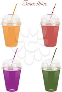 Color image of a collection of realistic glasses of smoothies on a white background. Isolated objects. Healthy eating. Vector illustration