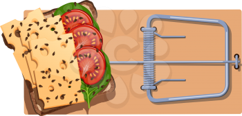 A flat wooden mousetrap with a cheese sandwich and salad. The concept of dependence on food, unhealthy diet, obesity and fast food. Vector illustration