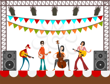Figures of musicians with musical instruments and equipment on a white background. Vector illustration of a cartoon style orchestra