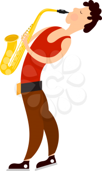 Saxophonist figure with a musical instrument in a cardboard style on a white background. Vector illustration of a young man with saxophone