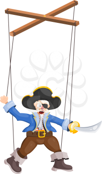 Doll puppet pirate with a saber on a white background. Element of children's puppet theater. Child's toy, theatrical doll. Vector illustration
