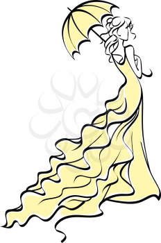 Young bride in wedding dress with umbrella. Vector illustration