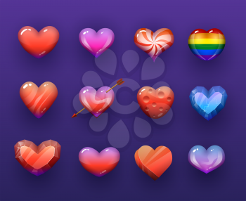 Cartoon vector hearts isolated vectir icons set. Rainbow, candy and ruby gemstone, ice crystal, pierced with arrow red and colorful hearts, pc or mobile game assets, gui design isolated elements