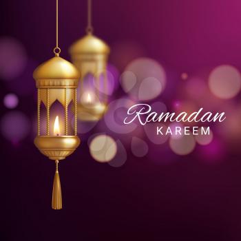Lantern of Ramadan Kareem or Eid Mubarak realistic vector greeting card. Islam religion festival 3d gold lamp, fanous or fanoos light with burning fire flame and tassel on bokeh lights background