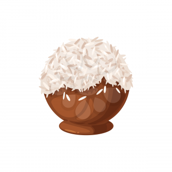 Coconut chocolate candy in shape of ball isolated sweet food. Vector homemade chocolate treat with exotic nut filling. Tasty dessert, sweets with coco sprinkles, confectionery product in realistic 3D