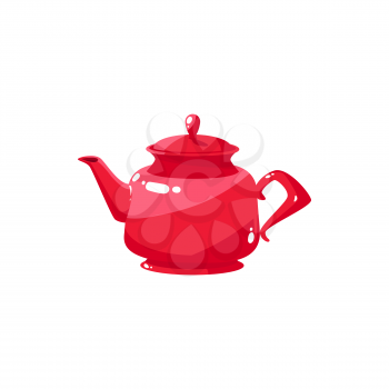 Tea pot with herbal green or black tea isolated red kettle with cap. Vector kitchen cutlery, chinese drink, teatime symbol. Modern teapot household appliance to boil water, brew tea or coffee