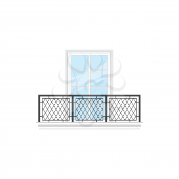 Home facade balcony with window and metal balustrade or railing isolated icon. Vector balcony of house or apartment building, architecture element. House exterior design, doorway and iron forged fence
