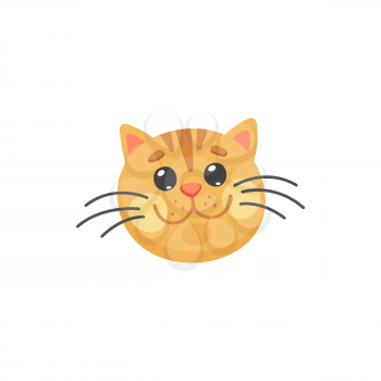 Happy ginger cat with long whiskers isolated happy emoticon. Vector red cat snout, feline purebred, short hair striped cat. Portrait of smiling kitten, head or print of home friendly animal