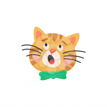 Surprised curious cat head isolated kitten face with green bow. Vector portrait of puzzled kitten in tiebow, muzzle of cartoon funny feline animal with whiskers, yard cat, playful curious mammal