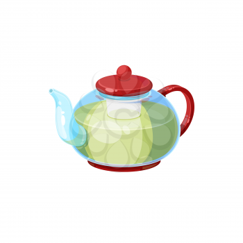 Tea pot with herbal green tea isolated transparent kettle with green cap. Vector modern teapot household appliance to boil water, brew tea or coffee. Kitchen equipment, chinese drink, teatime