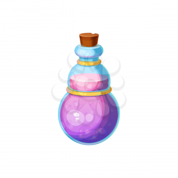 Mysterious Halloween witch potion isolated bottle with purple elixir and wooden cork. Vector liquid in glass jar. Magic elixir in flask, gui rpg game cartoon element. Halloween party object, alchemy