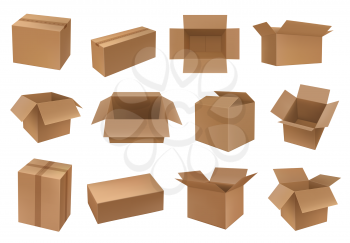Cardboard box mockups, cargo and parcel packages, vector containers. Carton closed and open packaging for goods, isolated empty drawers, distribution packs. Cartoon shipping boxes for freight set