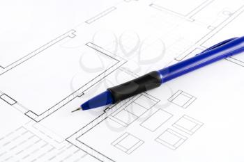Royalty Free Photo of Architectural Blue Prints and a Pen