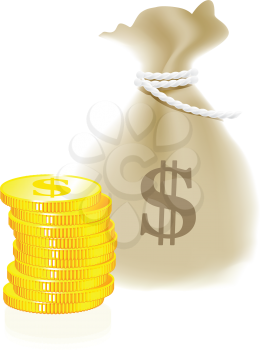 Royalty Free Clipart Image of a Money Bag and Coins