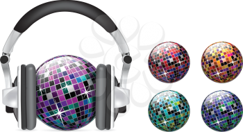 Royalty Free Clipart Image of a Disco Ball With Headphones