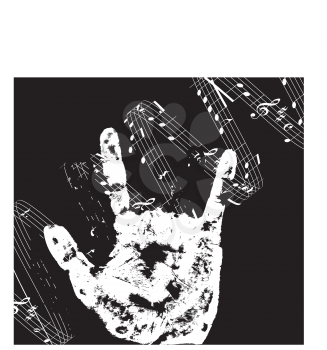 Royalty Free Clipart Image of a Hand Making an I Love You Gesture With Music in the Background